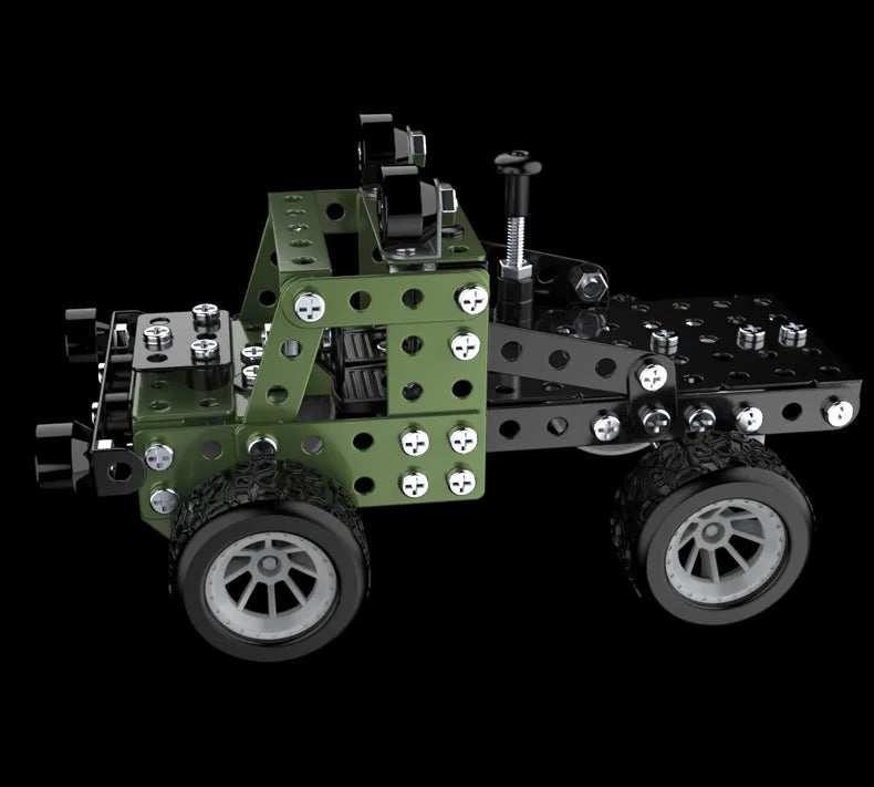Mechanical model of a vehicle with green and black components on a white background
