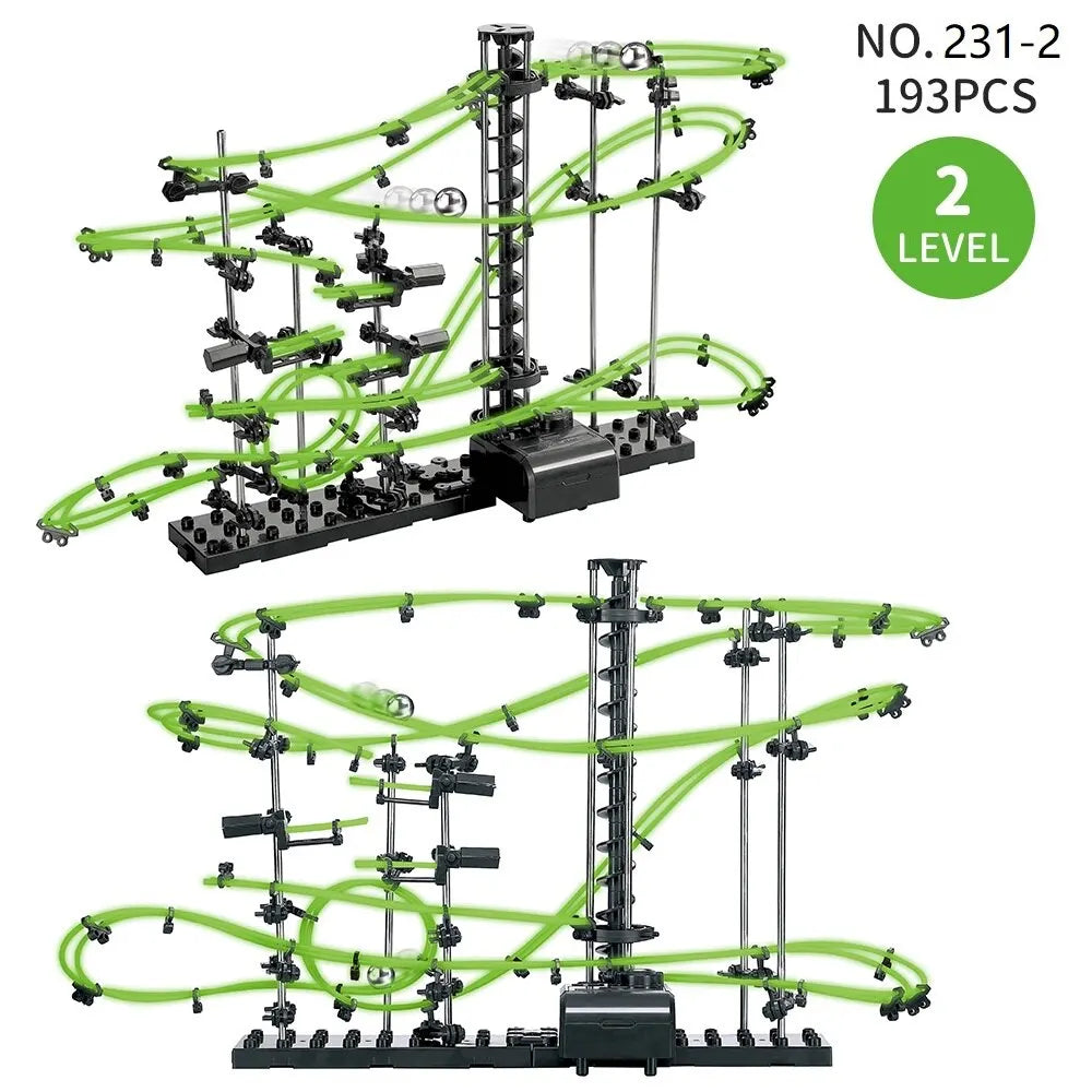 Toy roller coaster set with green tracks and black supports, labeled 'NO. 231-2' and '193 PCS'.