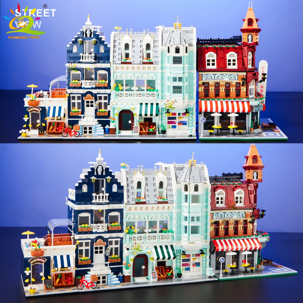 Model of a street scene with colorful buildings made from interlocking bricks on a blue background.