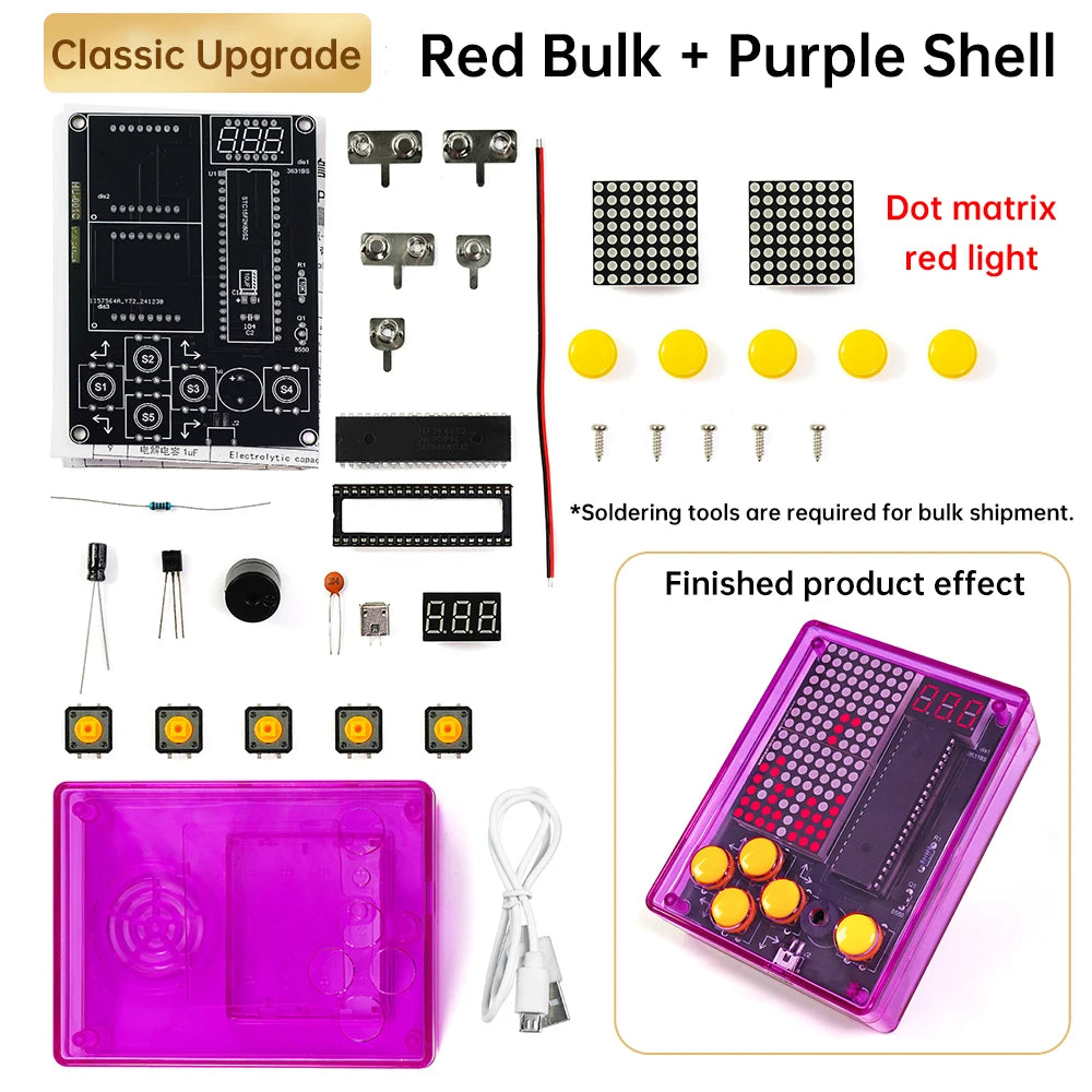 Electronic components and parts for a 'Red Bulk + Purple Shell' product upgrade, including a dot matrix module and soldering tools.