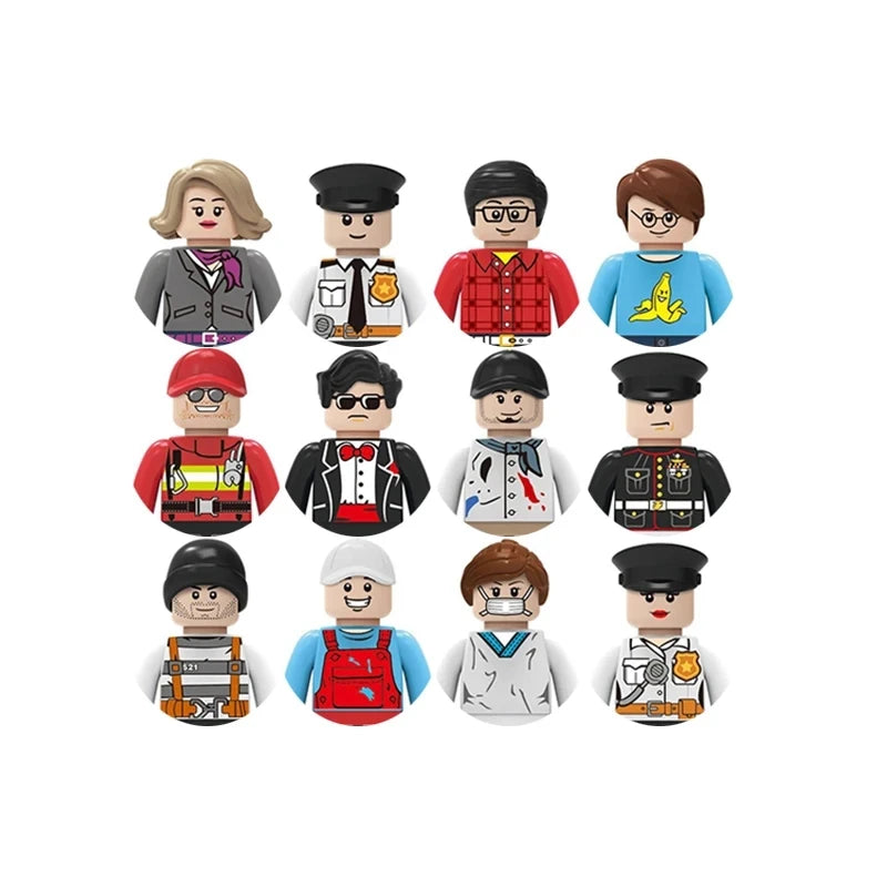 Set of toy figures in various outfits on a white background