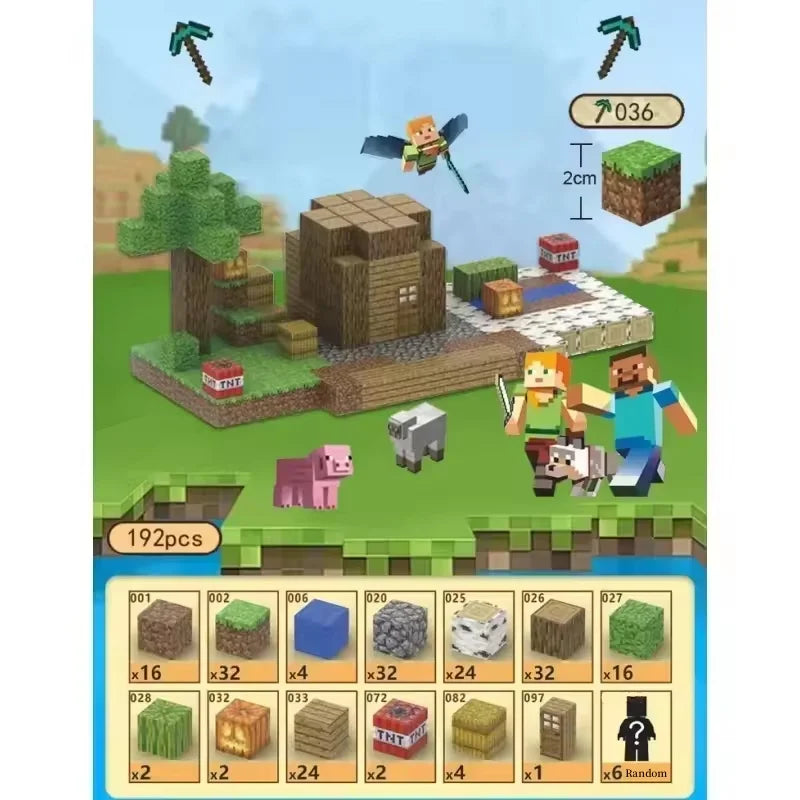 Minecraft-themed playset with characters, animals, and building blocks on a blue background