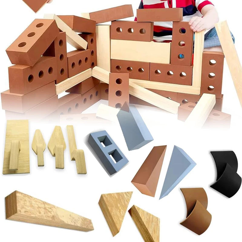 Wooden building blocks and tools on a reflective surface with a child in the background.