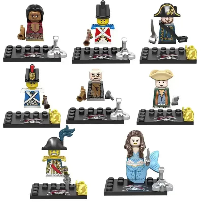 Collection of LEGO minifigures on display with various poses and outfits.