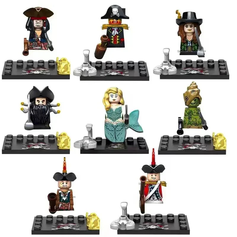 Set of LEGO pirate minifigures on display with various poses and accessories.