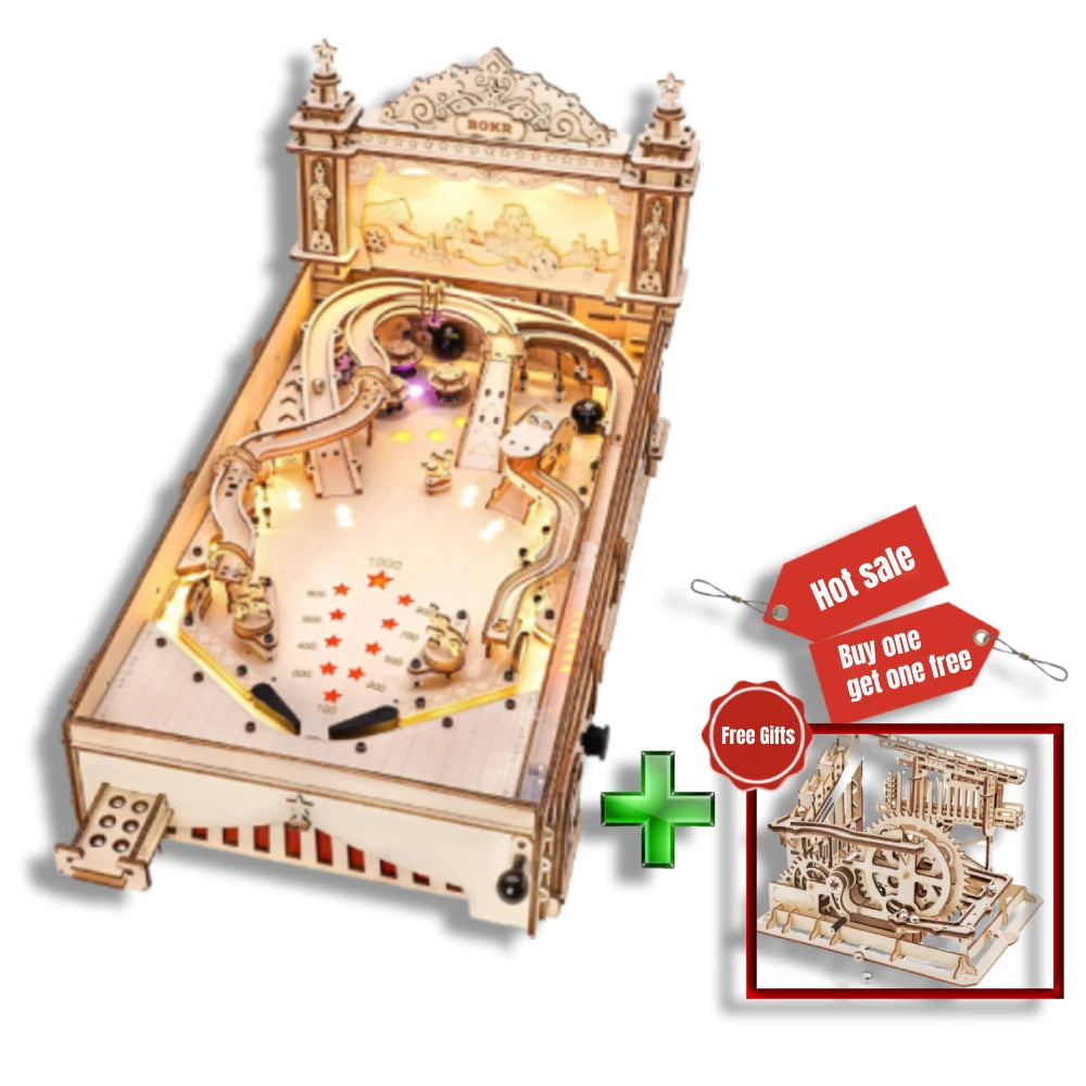 Wooden mechanical model kit with glowing interior on a white background