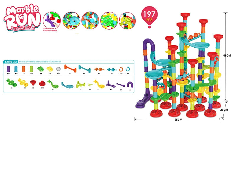 Colorful marble run building blocks set with dimensions and part list on a white background