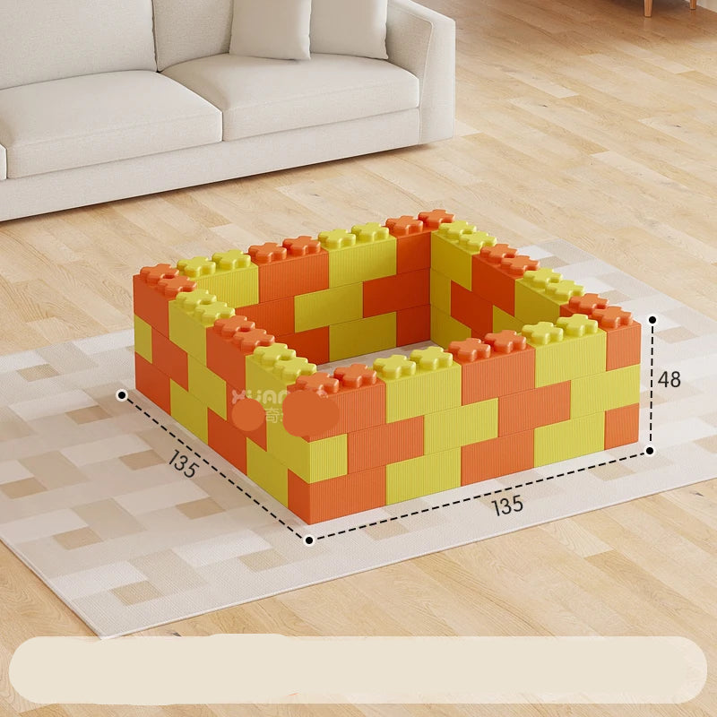 Colorful building blocks on a wooden floor with dimensions displayed