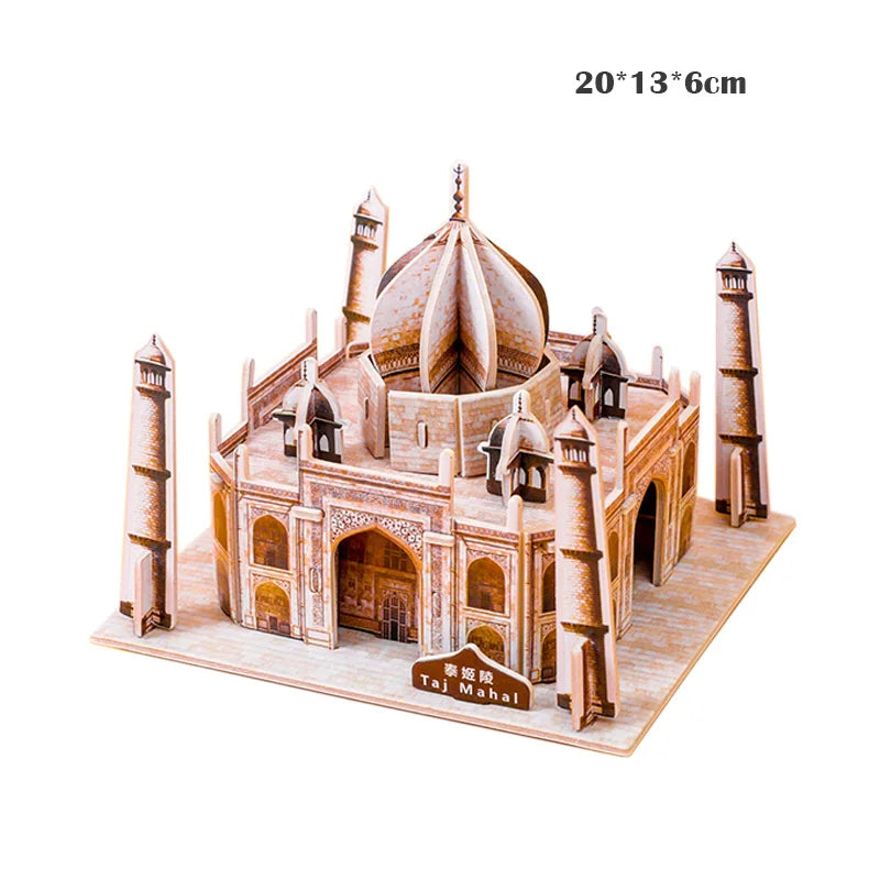 Wooden model of the Taj Mahal with dimensions on a white background