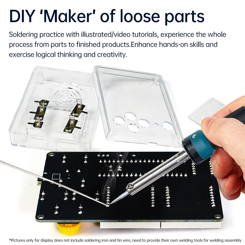 Soldering practice setup with a soldering iron and electronic components on a white background.