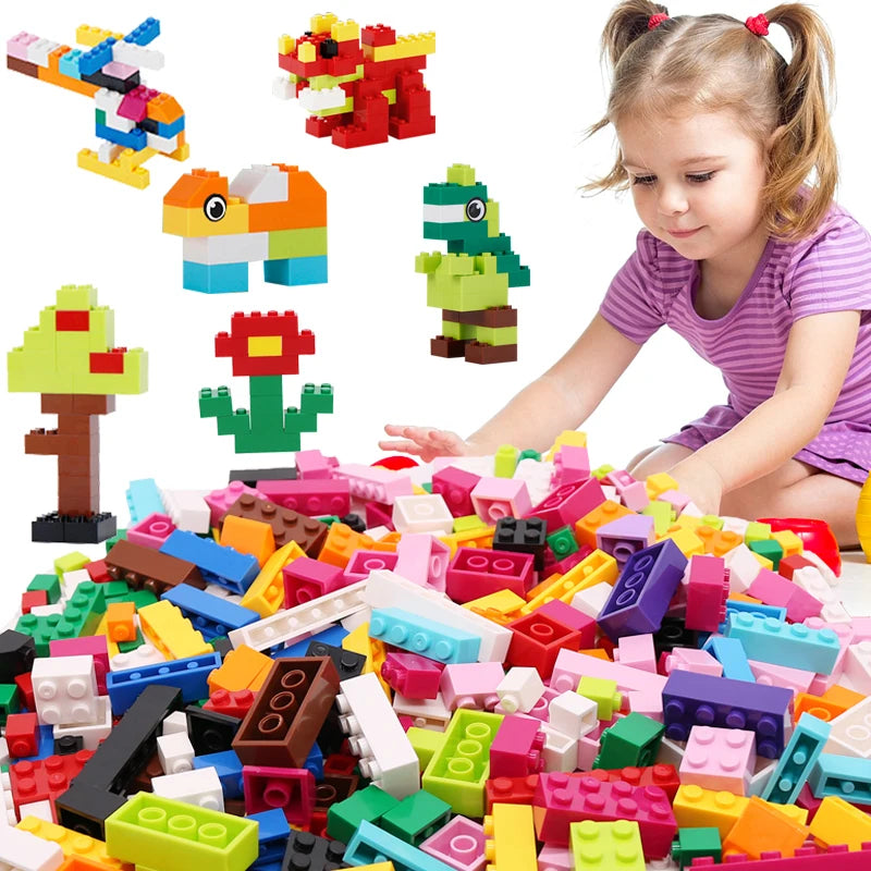 Child playing with colorful building blocks on a white background