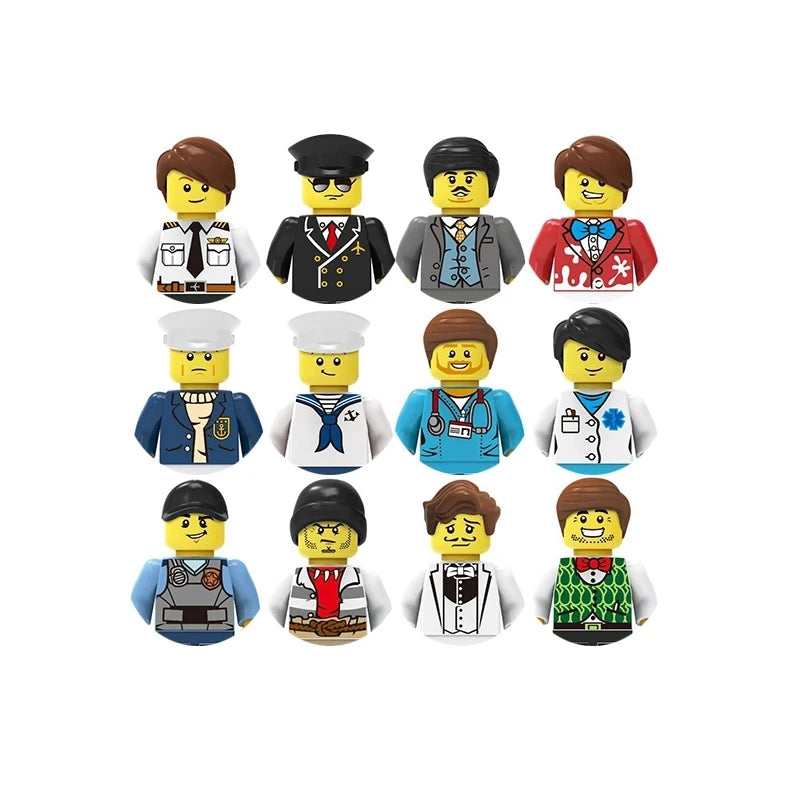Set of minifigures in various outfits on a white background