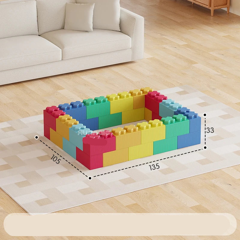 Colorful building blocks on a wooden floor with dimensions displayed