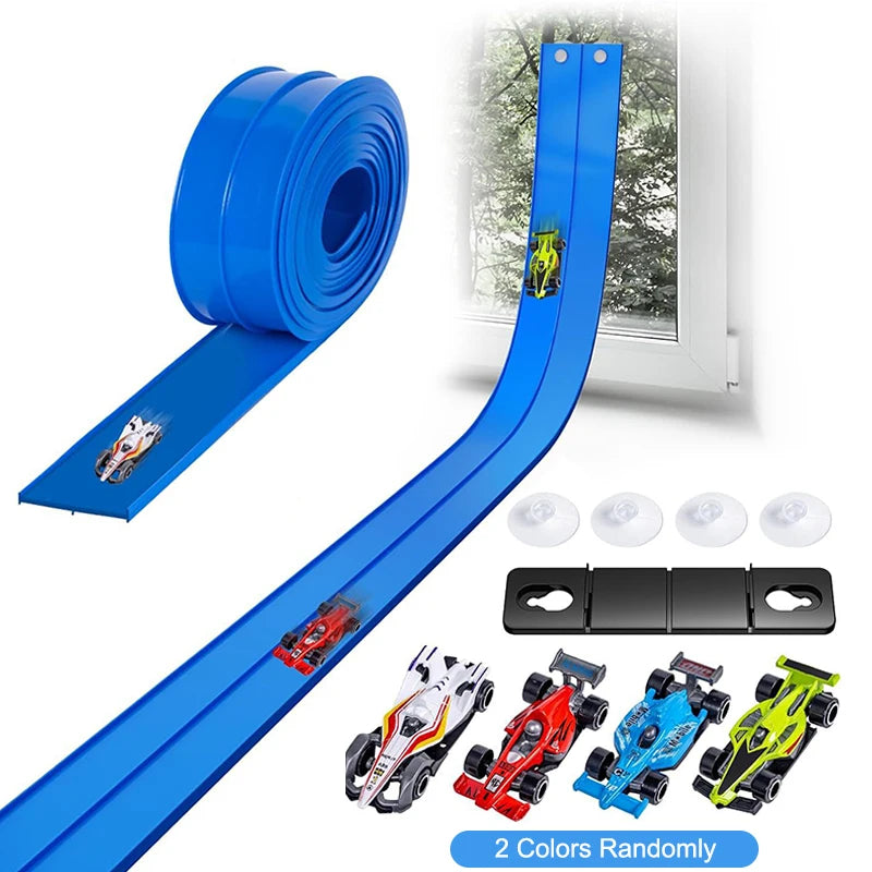 Blue toy race track with cars and accessories on a white background