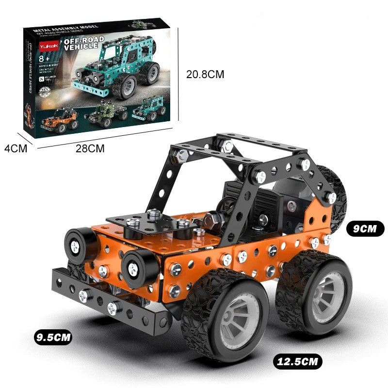 Toy off-road vehicle set with measurements and packaging on a white background
