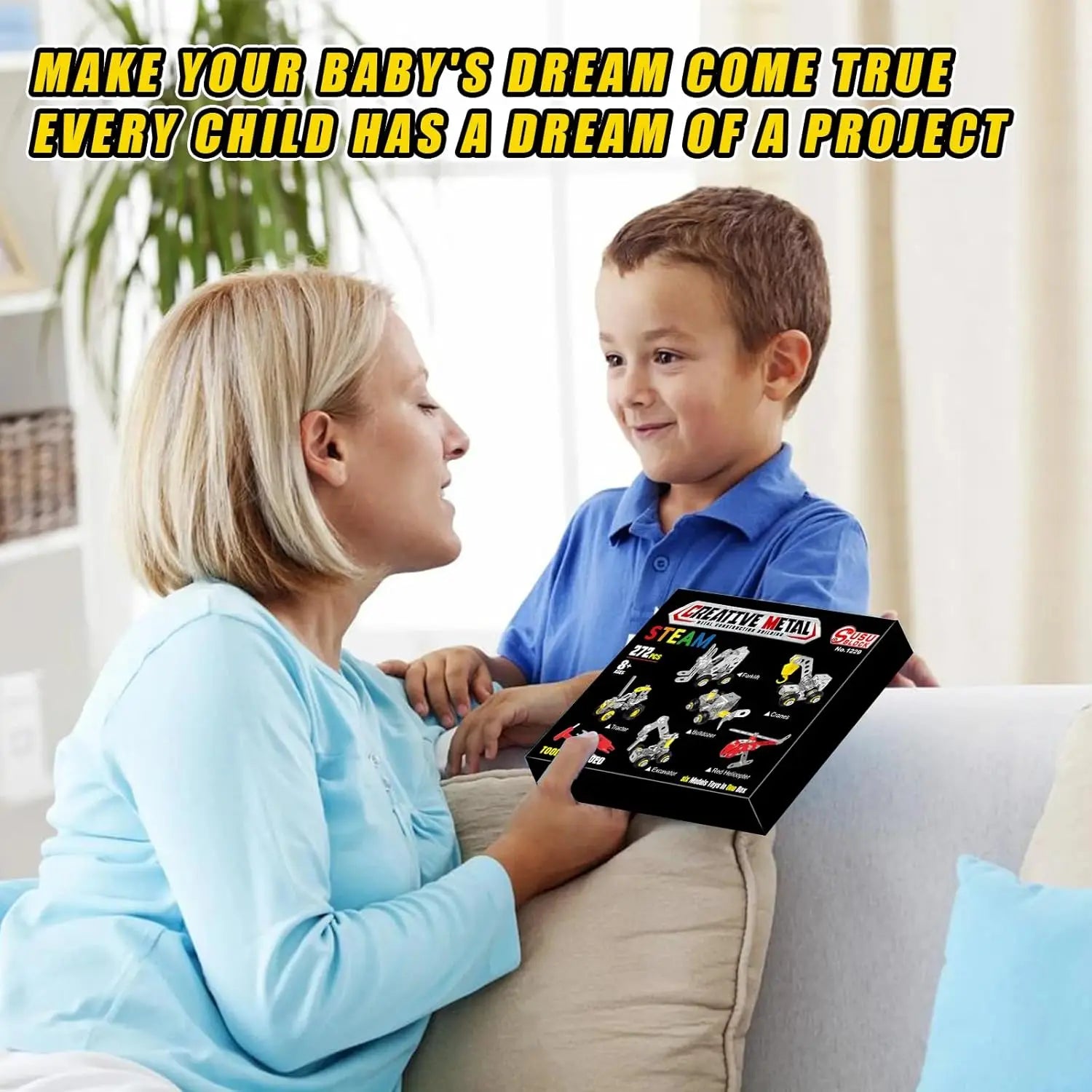 Woman and child sitting on a couch with a toy project box, surrounded by text.