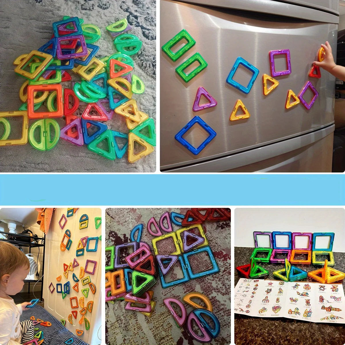 Collage of colorful magnetic shapes on a refrigerator, on a table, and on a wall.