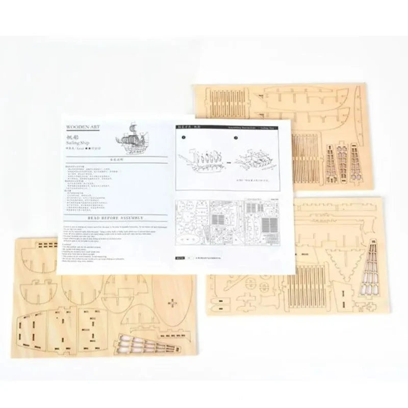 Model kit with wooden parts and instructions on a white background