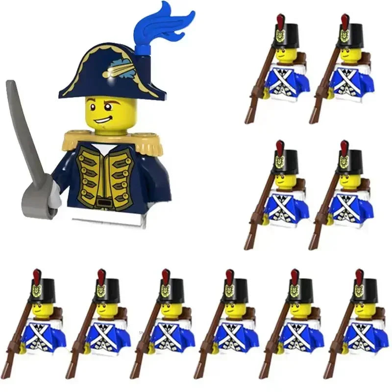LEGO figure of a soldier with a blue hat and uniform, surrounded by multiple identical figures holding rifles.
