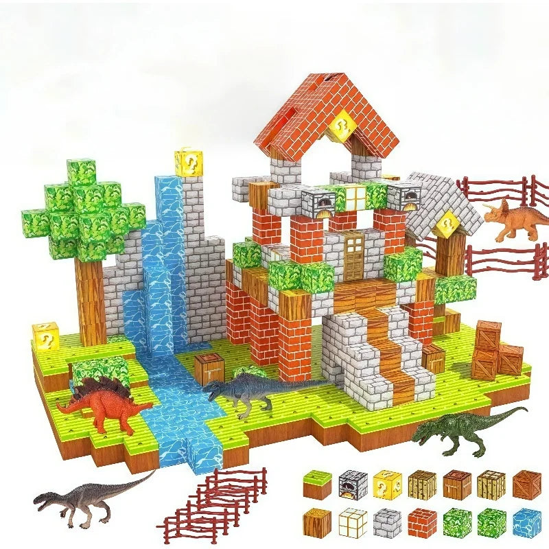 Toy building set with a castle, water fountain, and dinosaur figures on a white background