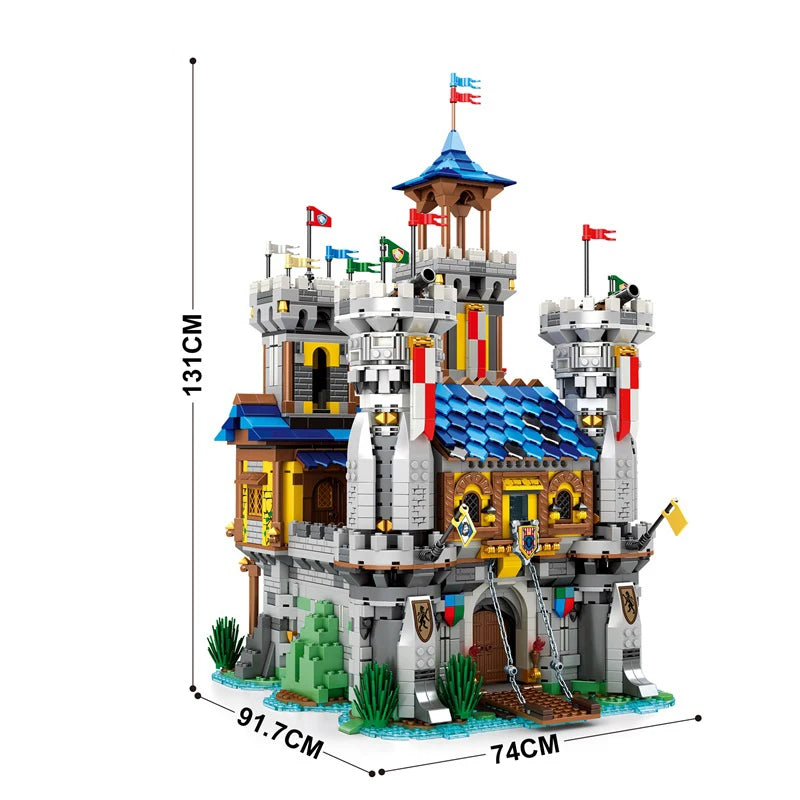 Toy castle model with dimensions indicated on a white background