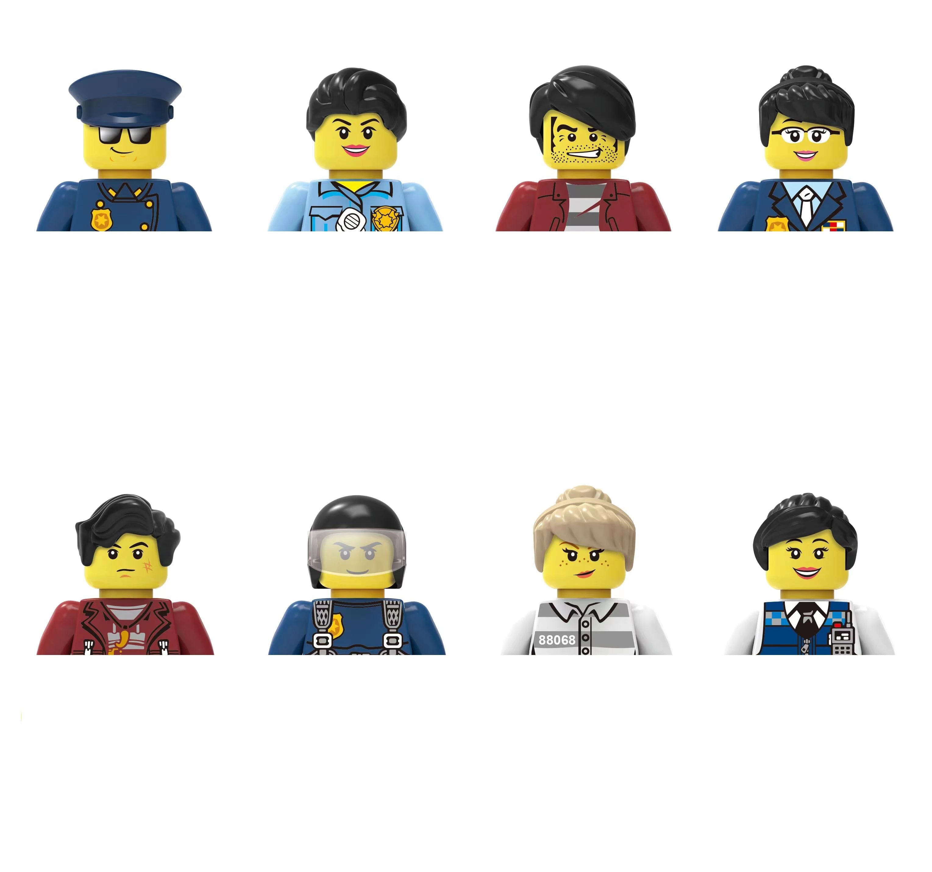 Set of minifigures in various outfits on a white background