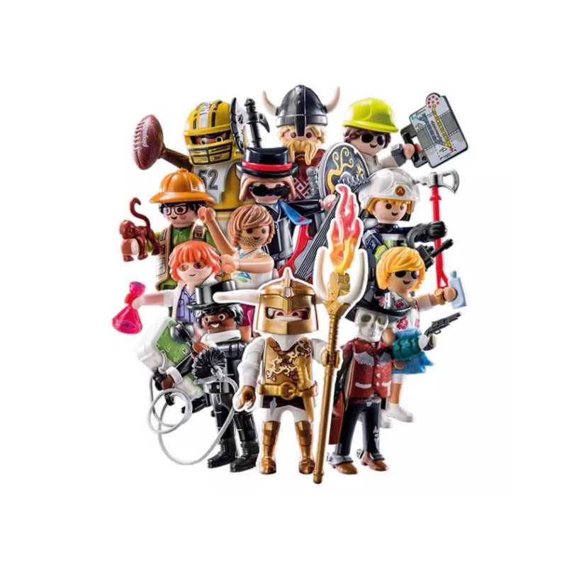 Collection of Playmobil figurines with various outfits and accessories on a white background