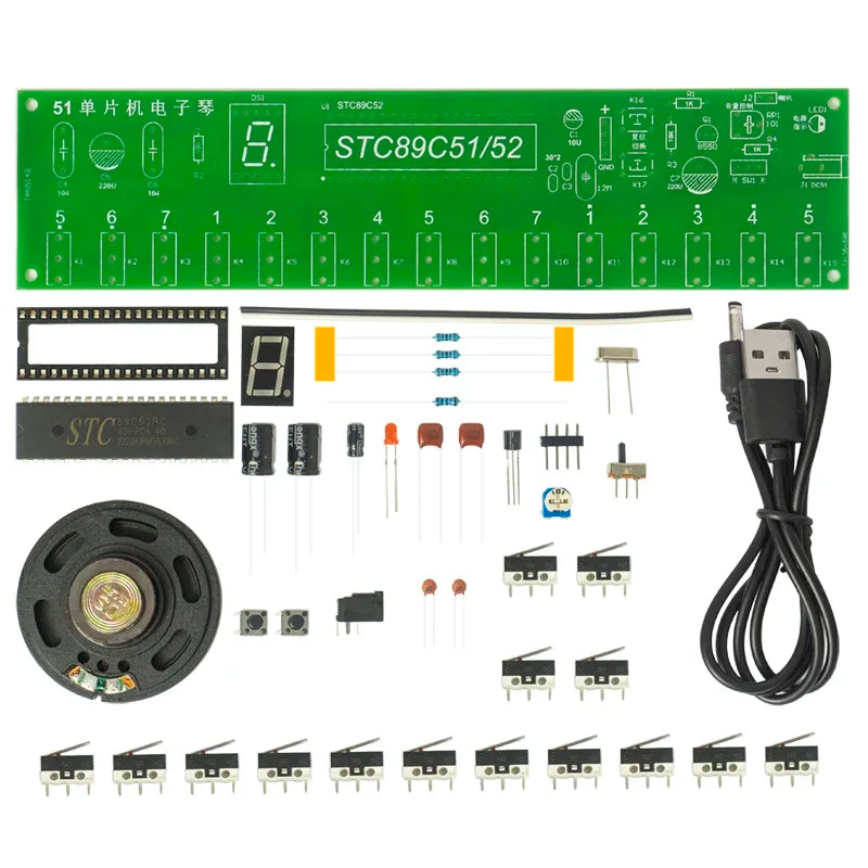 Electronic components and board with STC89C51/52 microcontroller on a white background