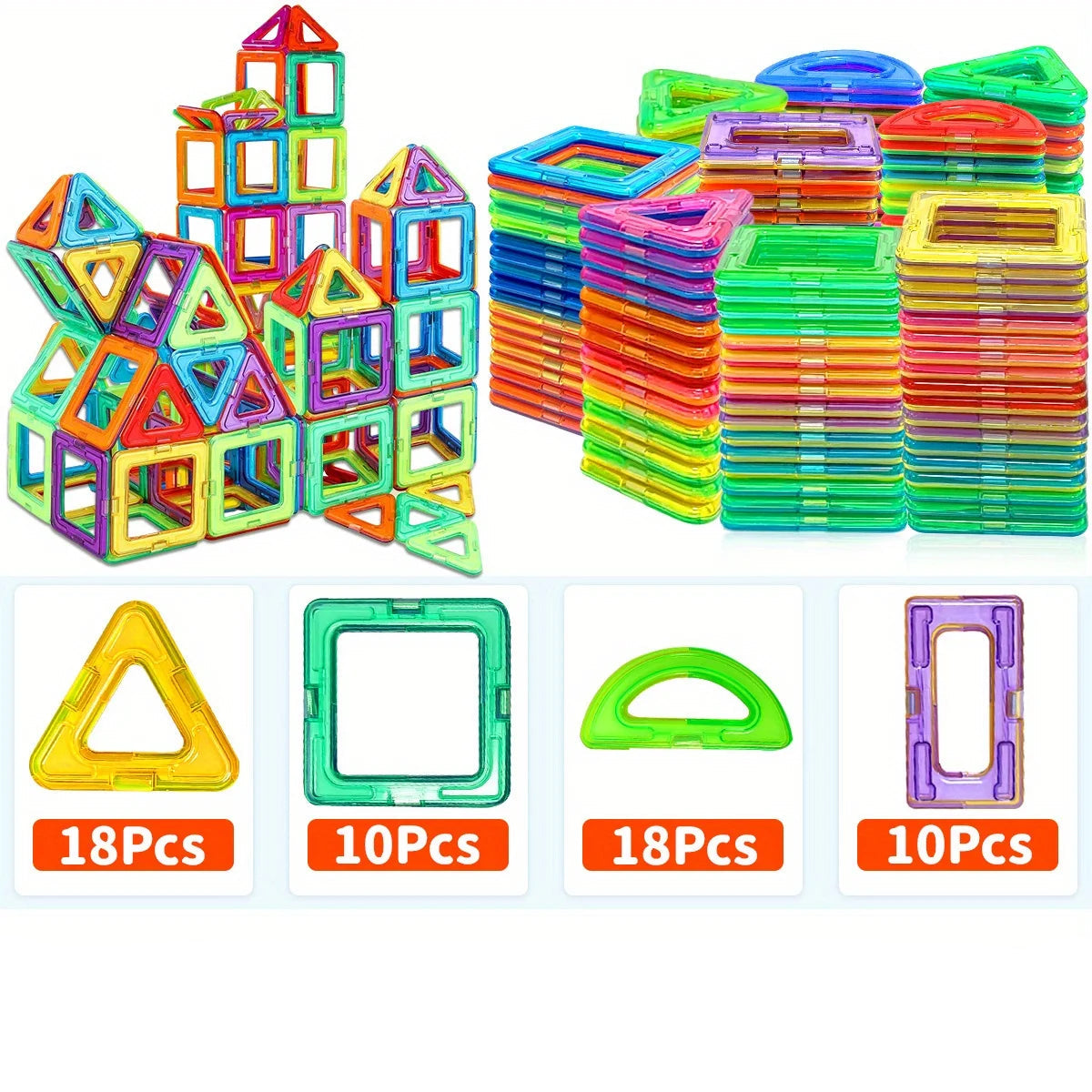 Colorful magnetic building blocks set with different shapes and sizes on a white background.