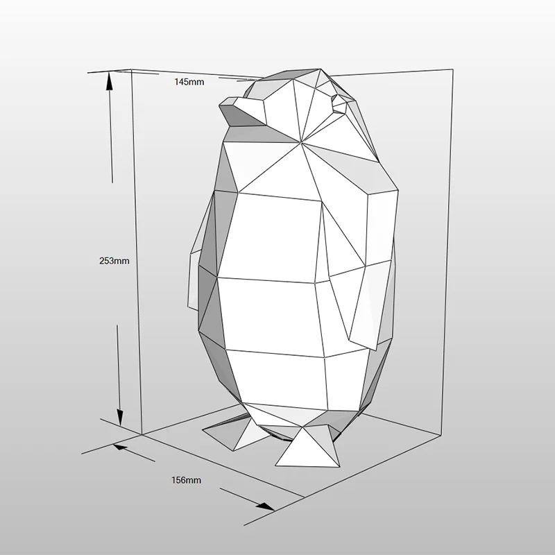 Geometric penguin sculpture with dimensions on a gray background