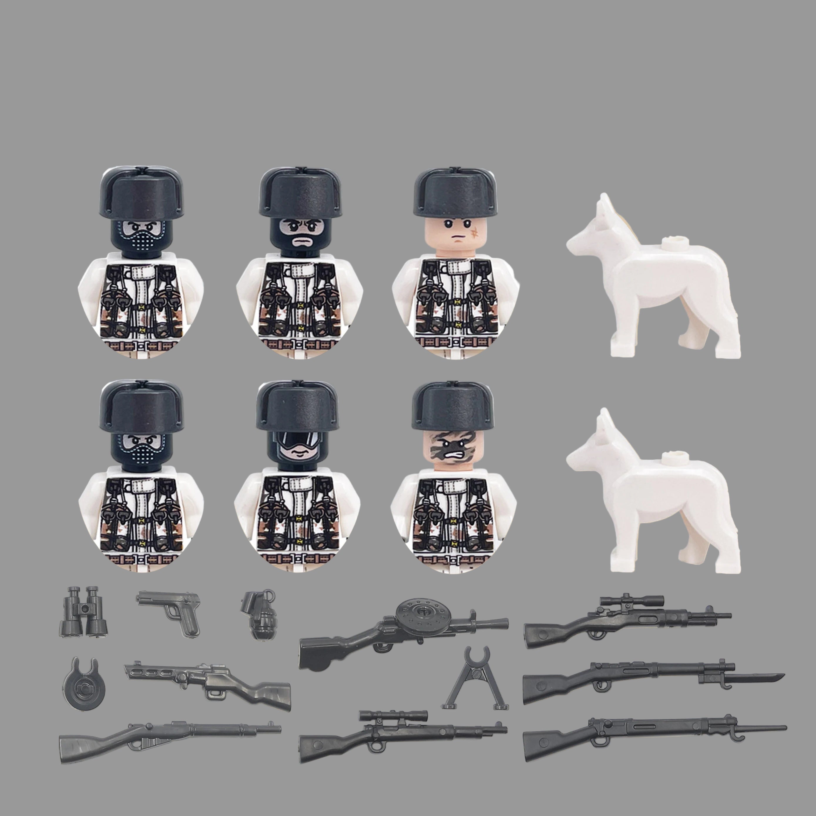 Set of toy soldiers and dogs with weapons on a beige background