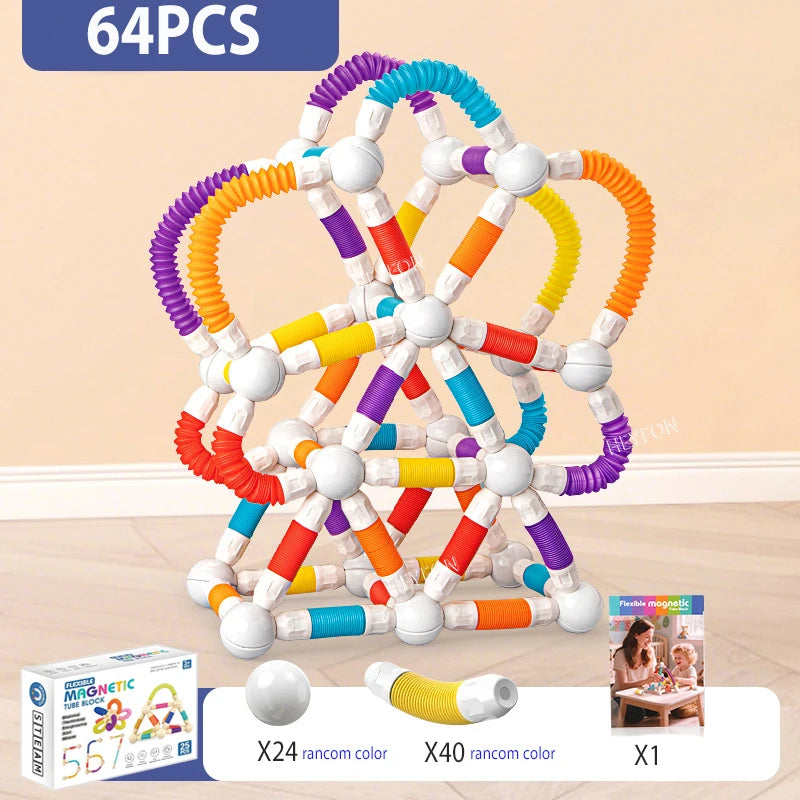 Colorful molecular model set with packaging and usage example on a beige background