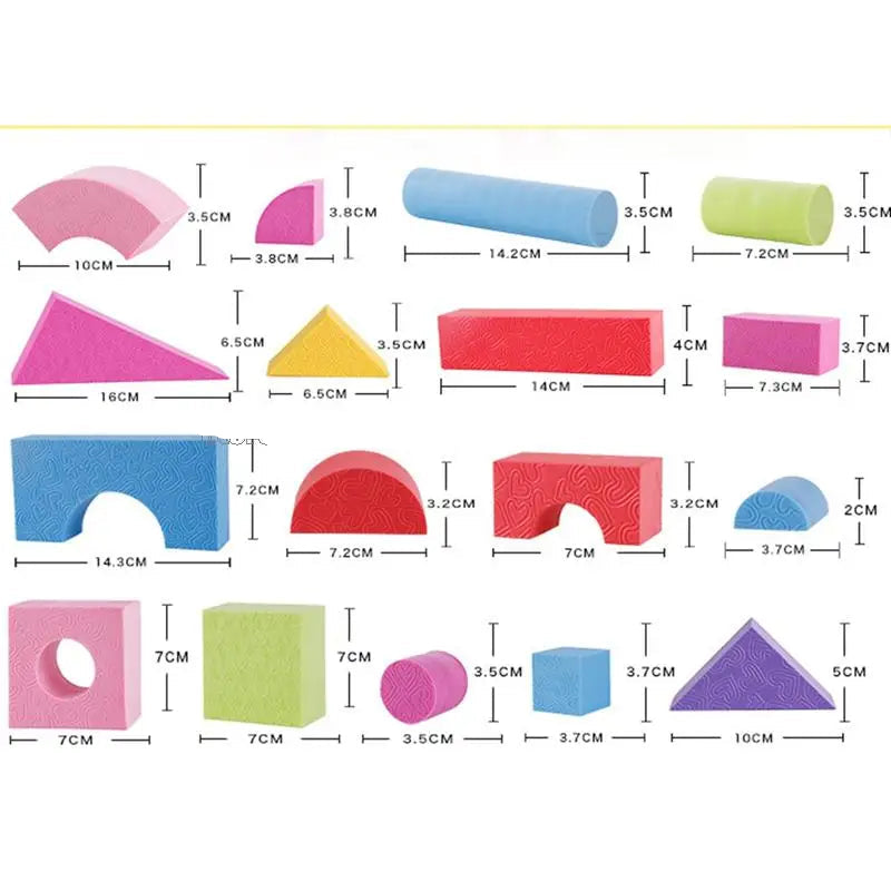 Colorful foam blocks with measurements on a white background