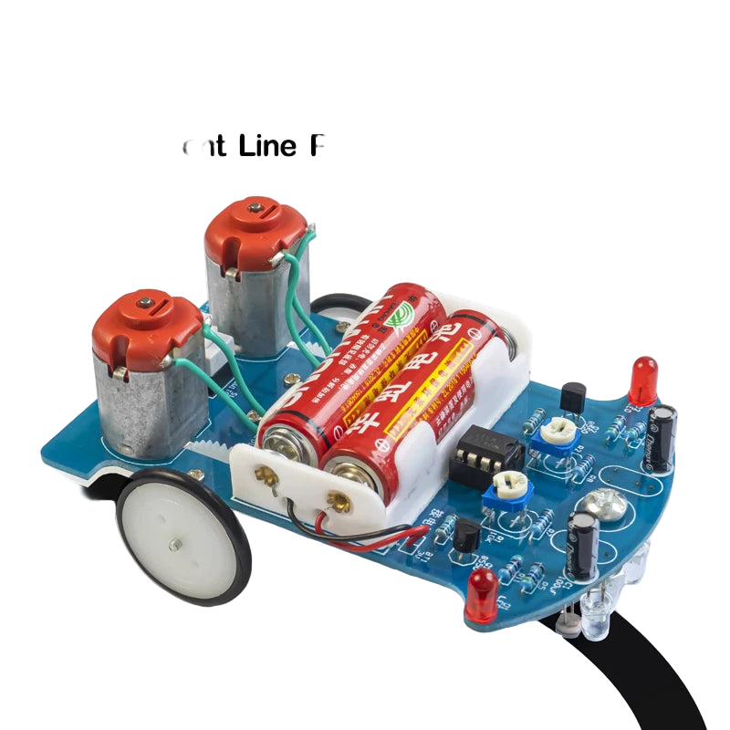 Intelligent line patrol car DIY electronic kit with batteries and wheels on a white background