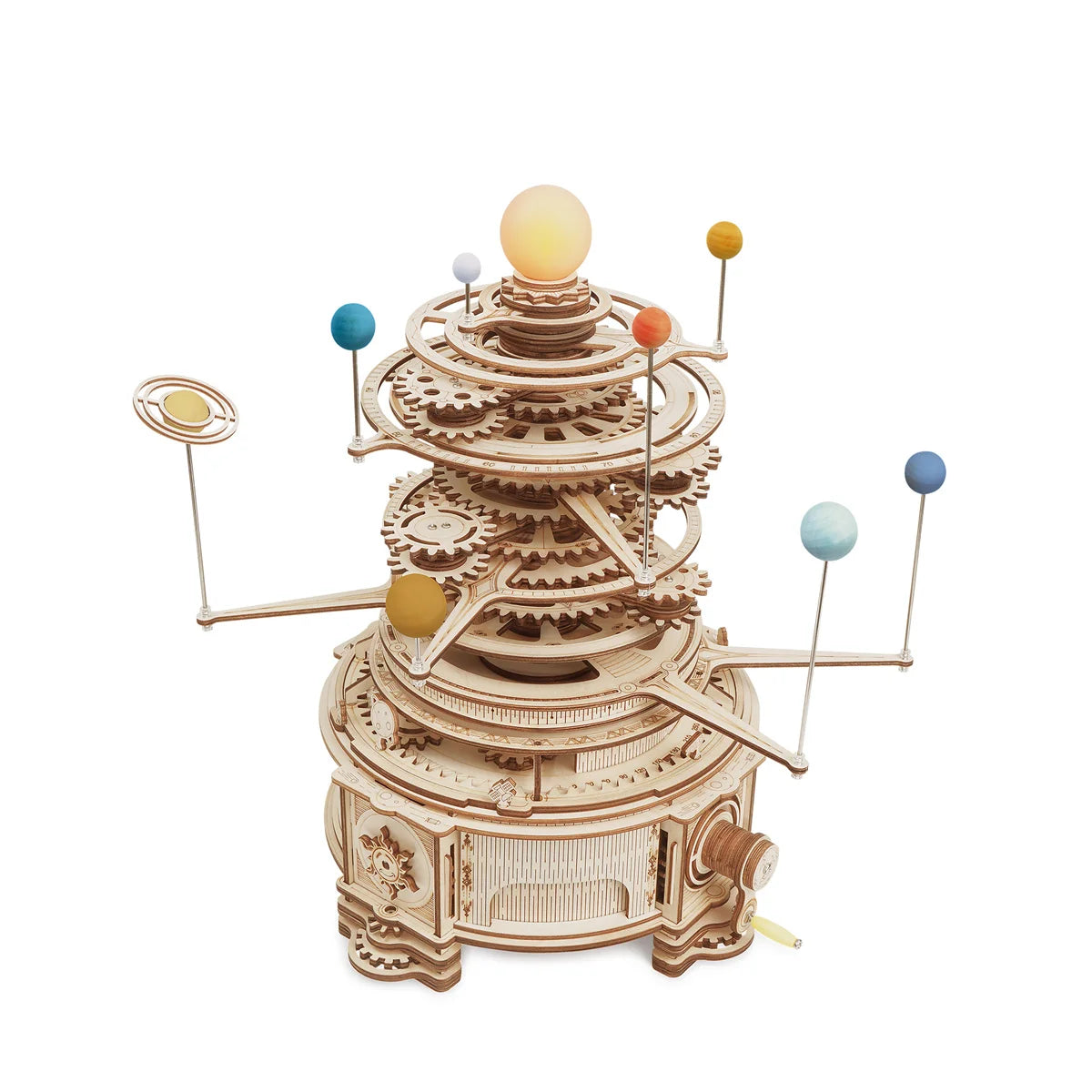 Wooden model of a solar system on a white background