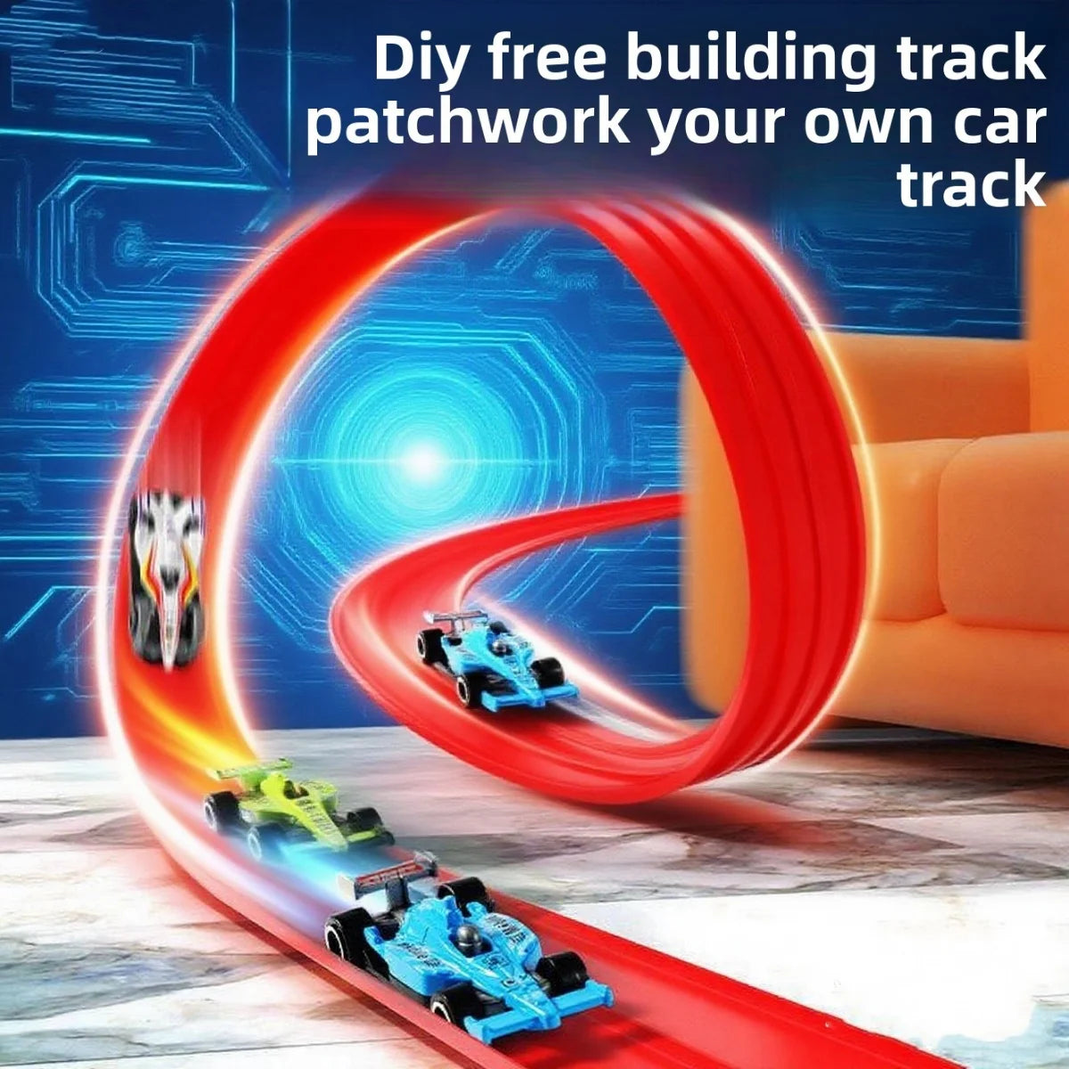 Toy car track with red loops and cars on a blue and orange background