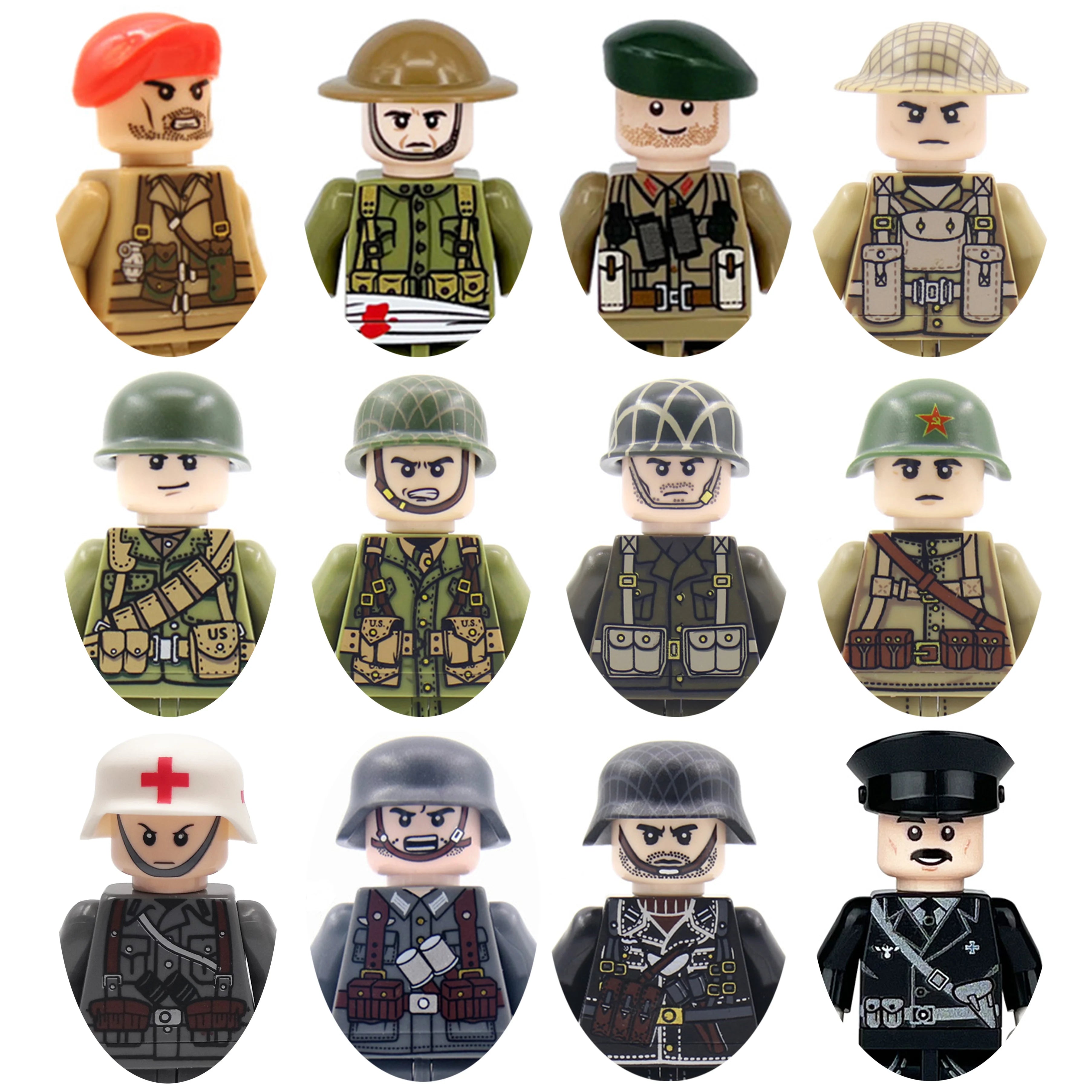 Set of toy figures in various military uniforms on a white background