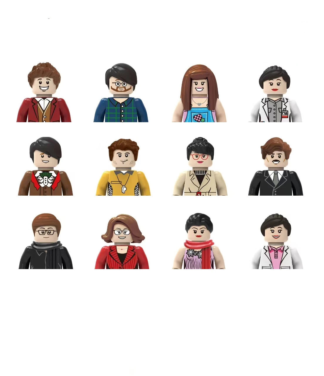 Set of 12 small figurines in various outfits on a white background