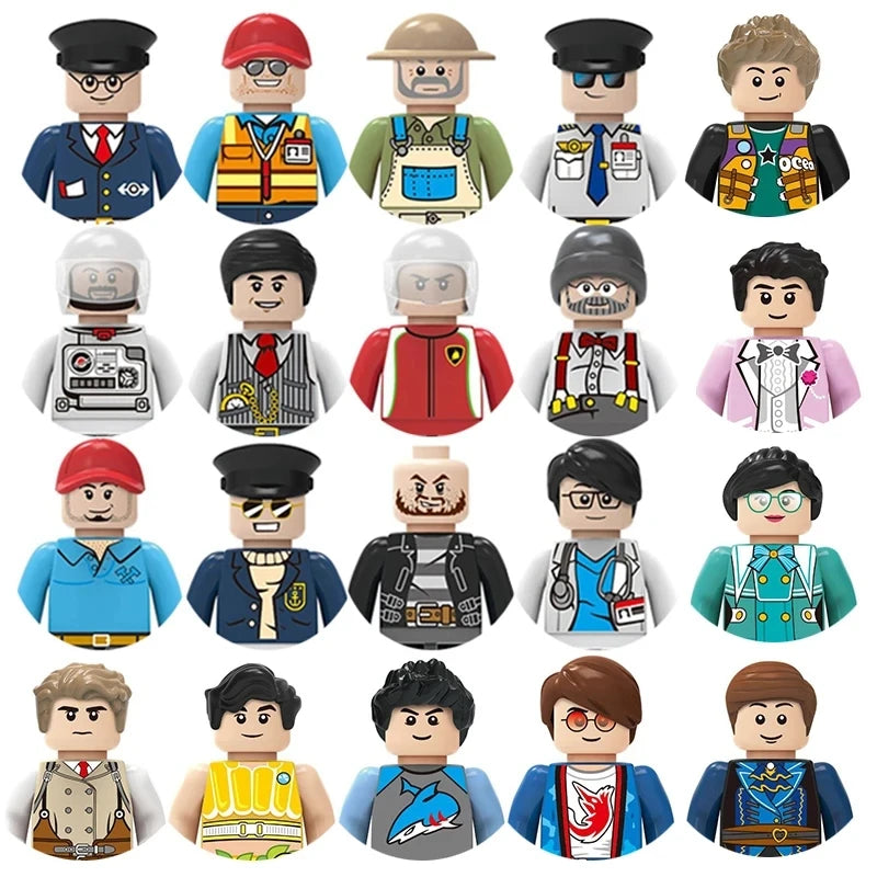 Collection of variously dressed toy figures on a white background