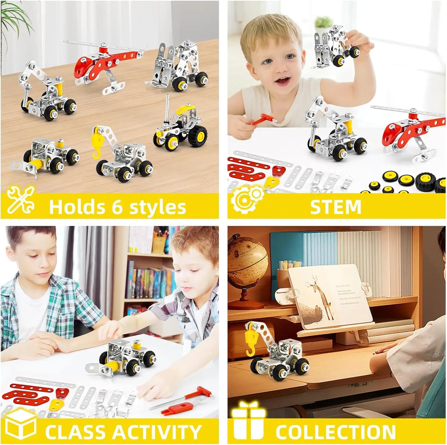 Set of toy construction vehicles with children playing with them in a classroom setting.