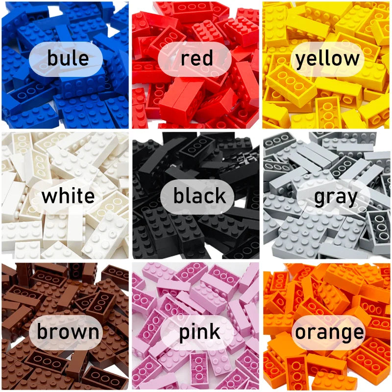 Collection of colorful building blocks in various colors with labels.