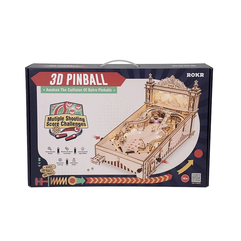 Boxed 3D pinball model kit with ROKR branding on a white background