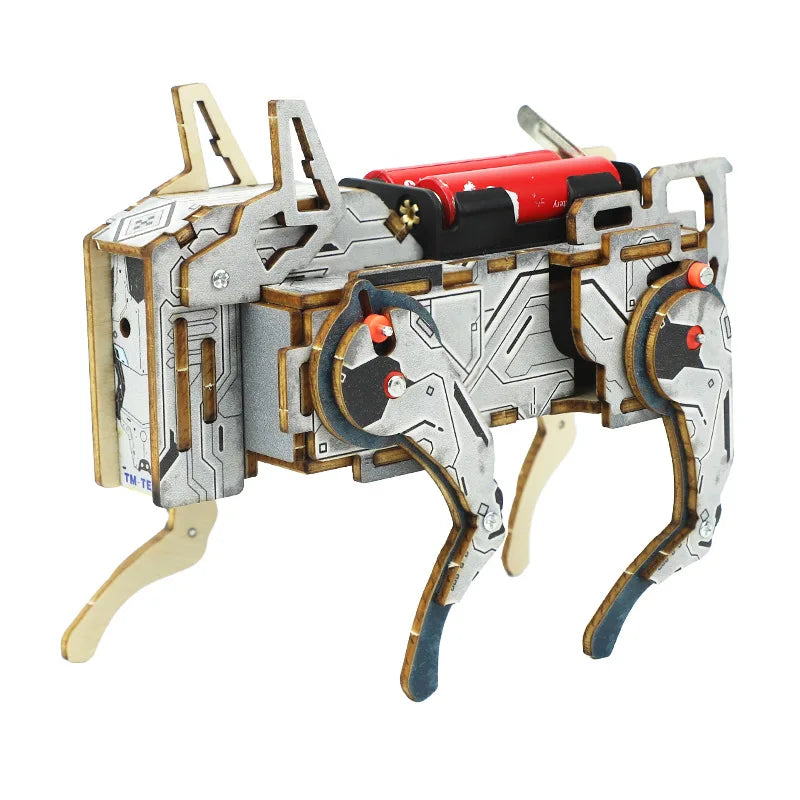 Mechanical dog model with metallic and red accents on a white background