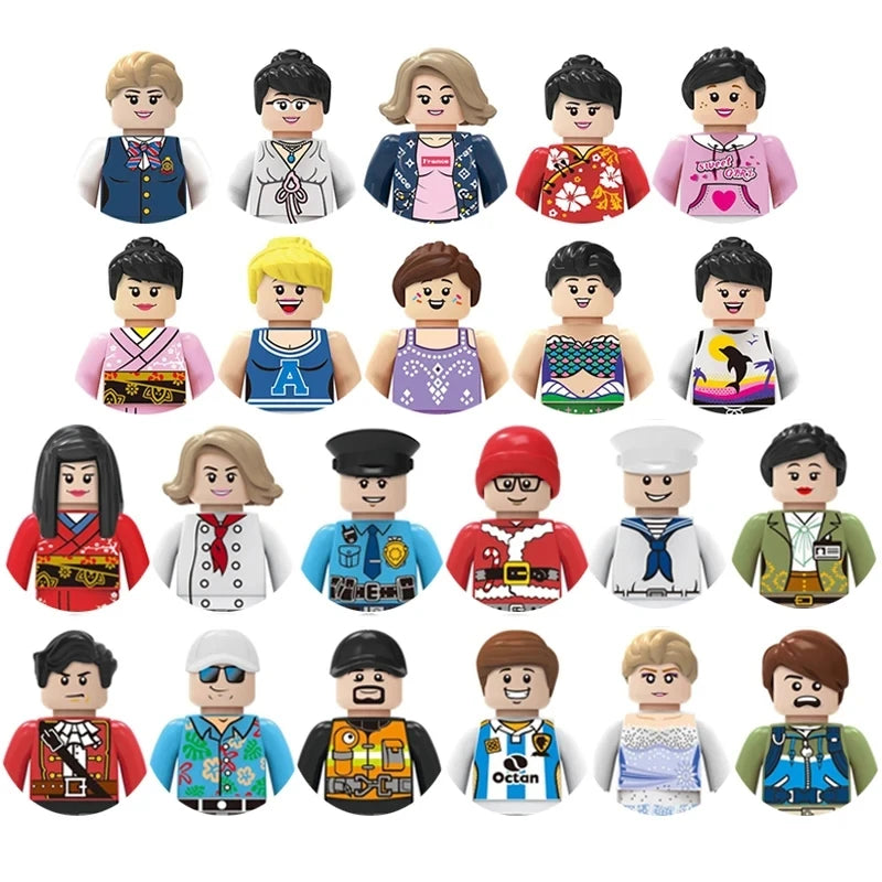 Set of colorful toy figures with various outfits on a white background