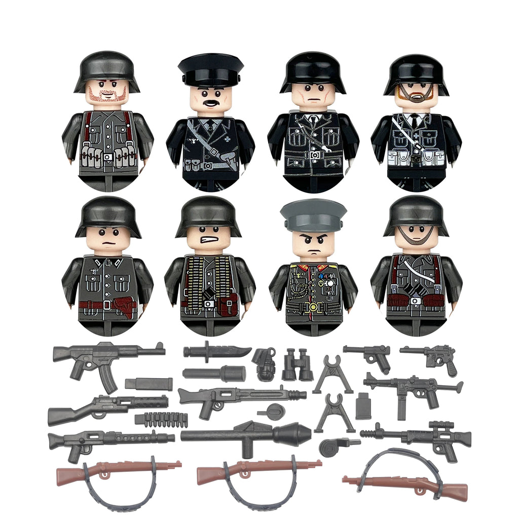 Set of toy figures and weapons resembling German soldiers from World War II on a white background.