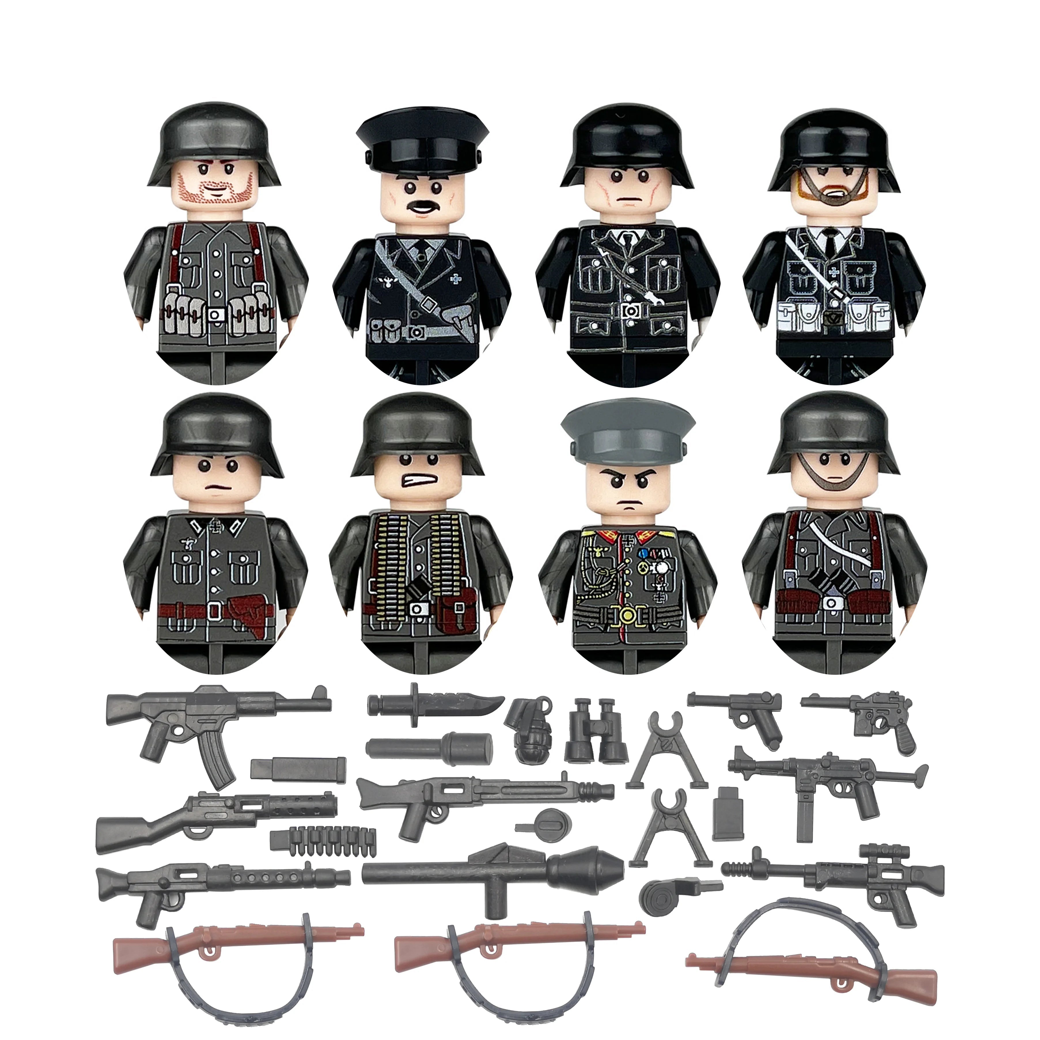 Set of toy figures and weapons resembling German soldiers from World War II on a white background.