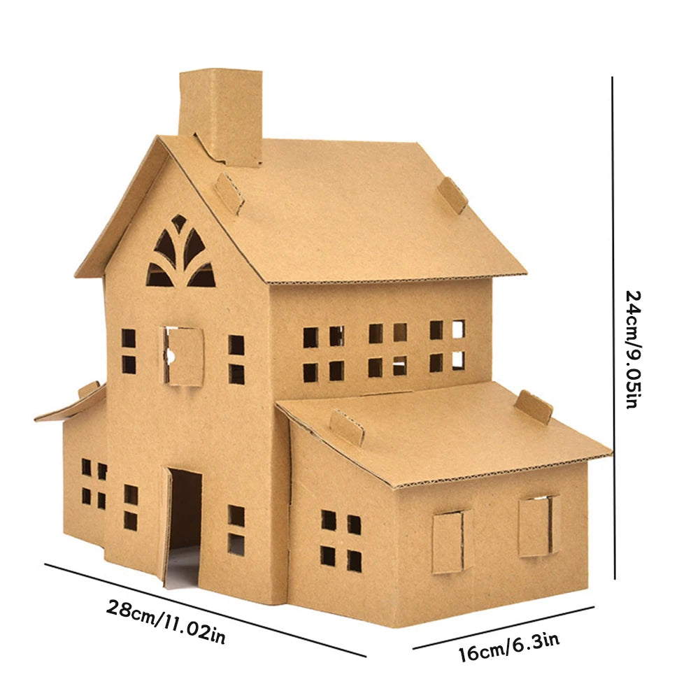 Cardboard house model with dimensions indicated on a white background