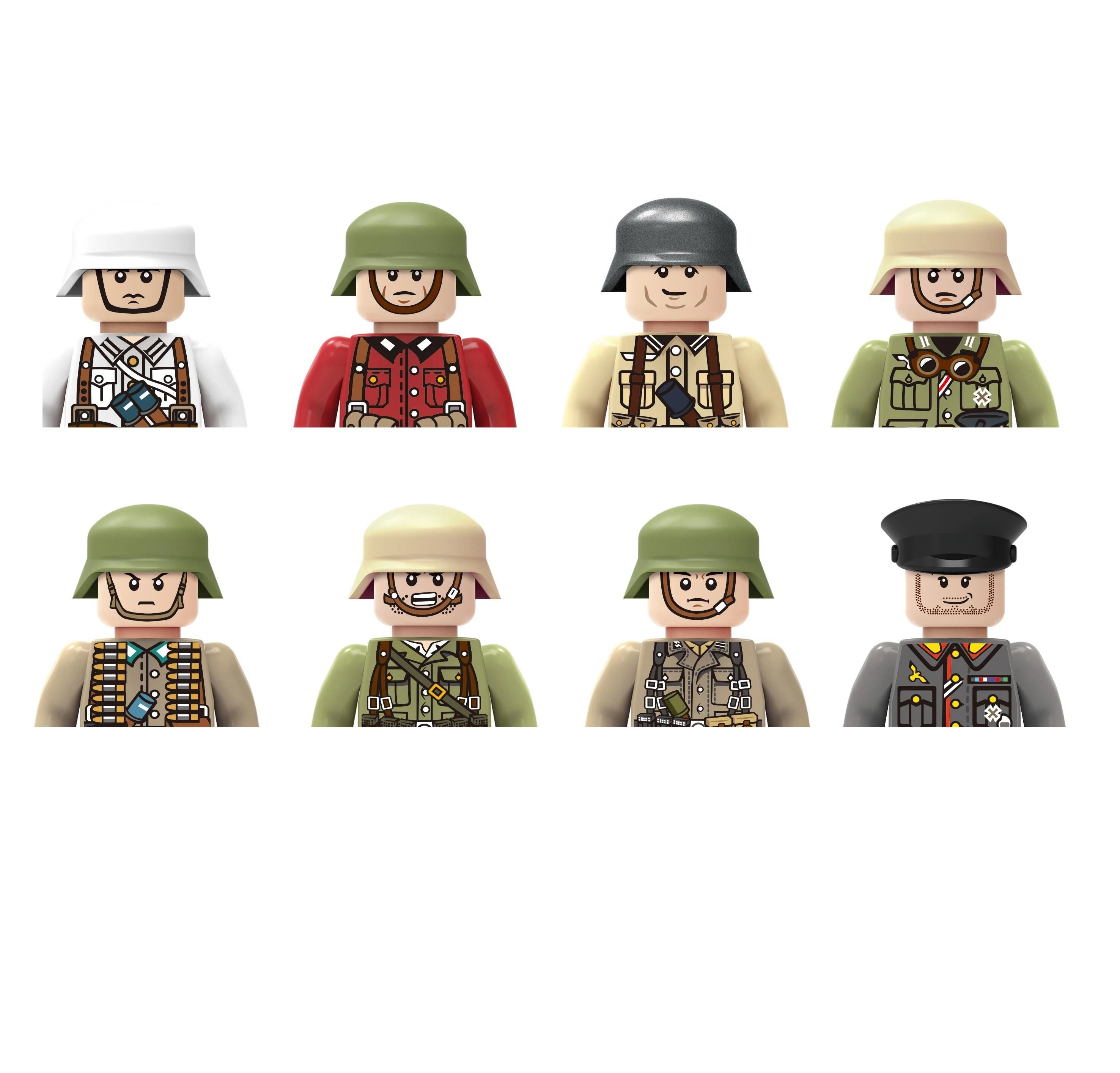 Set of toy figures in various military uniforms on a white background