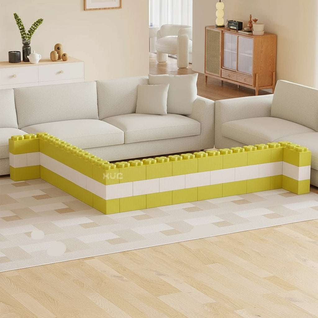 Children's play area with foam blocks on a sofa in a living room setting
