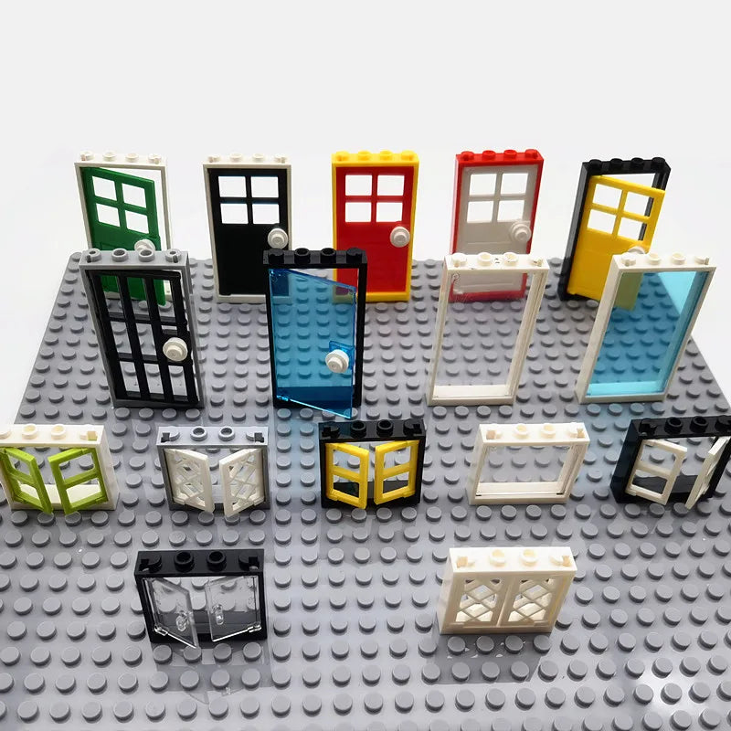 Collection of colorful doors and windows on a gray baseplate